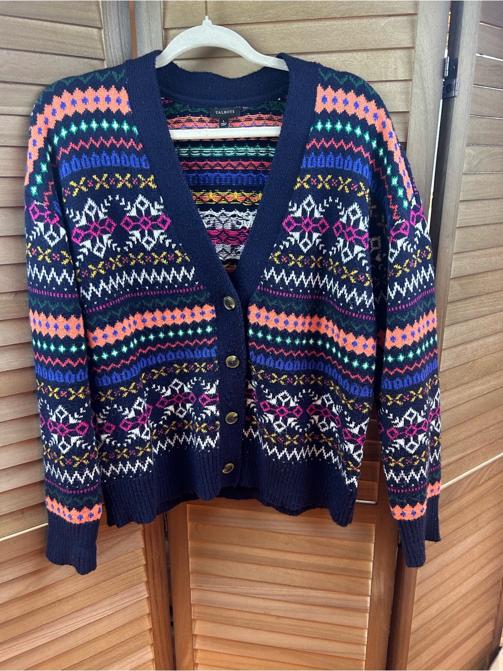 Talbots Fair Isle Cardigan Sweater Large Navy Multicolor Button Front Cozy - Picture 2 of 8